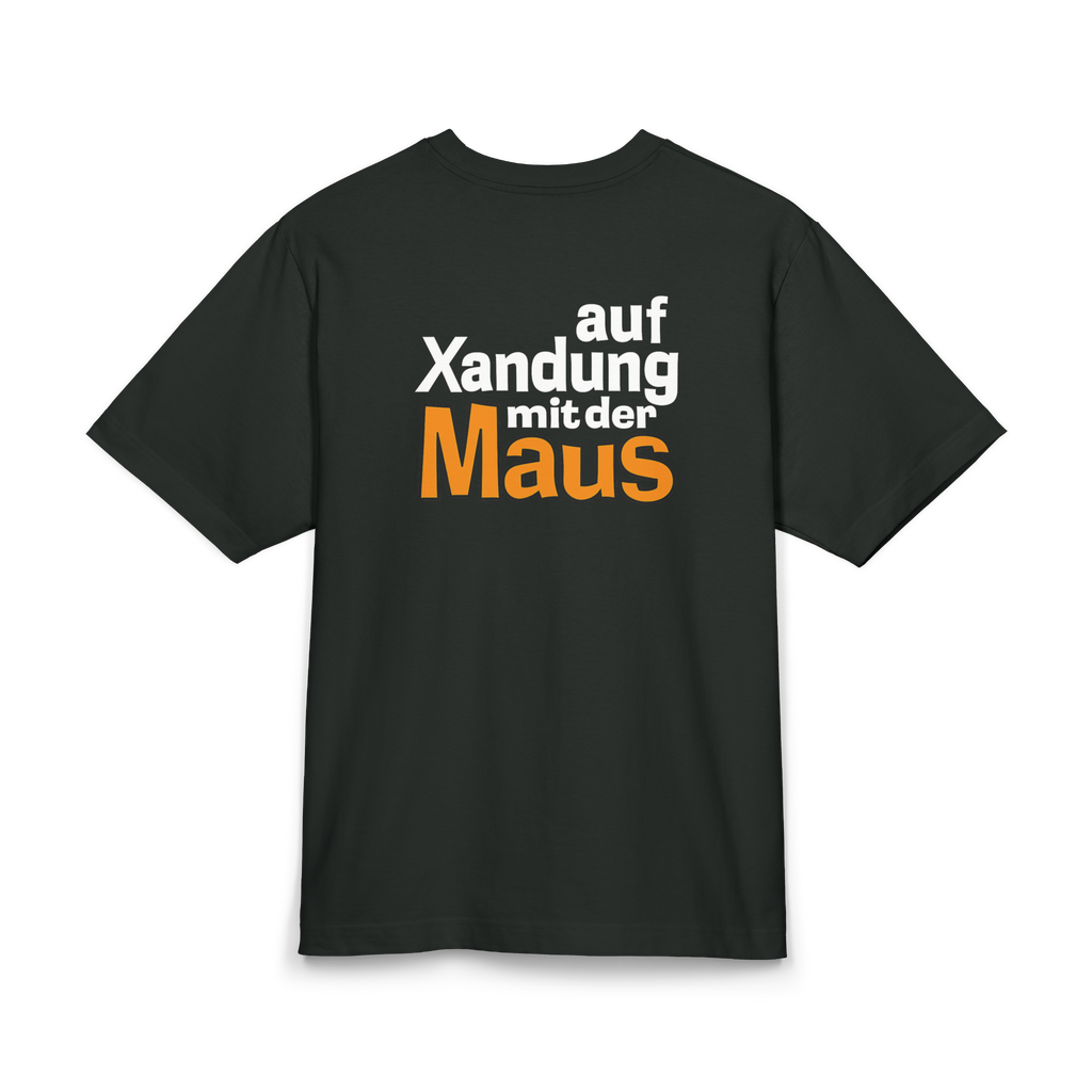 Black heavyweight t-shirt with stylized German 'Die Maus' mouse holding a Xanax bar and text 'AUF XANDUNG MIT DER MAUS' parody logo - Offnoir
