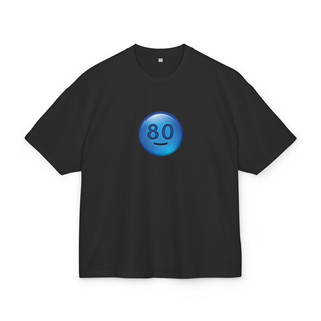 Black boxy t-shirt with blue shiny smiley button 'oxy80' graphic print - Minimalist trap aesthetic - Offnoir