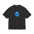 Black boxy t-shirt with blue shiny smiley button 'oxy80' graphic print - Minimalist trap aesthetic - Offnoir
