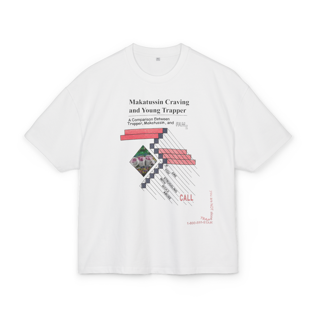 White boxy t-shirt with purple heart logo and 'MAKATUSSIN CRAVING AND YOUNG TRAPPER' text print - Offnoir
