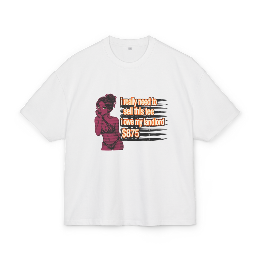 White boxy fit t-shirt with pink anime girl graphic and 'I owe my landlord $875' text - Trap aesthetic streetwear - Offnoir